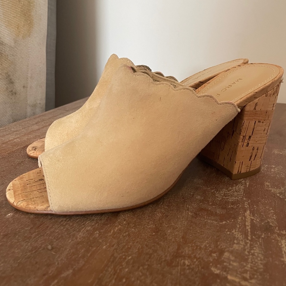 Marc Fisher suede heeled sandal scallop design